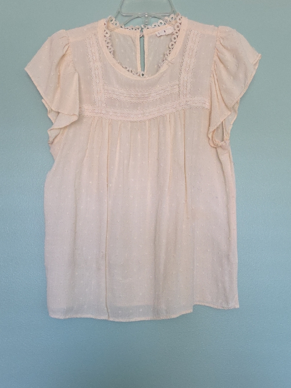 Women’s Cream Swiss Dot Lace Yoke Flutter Sleeve Top